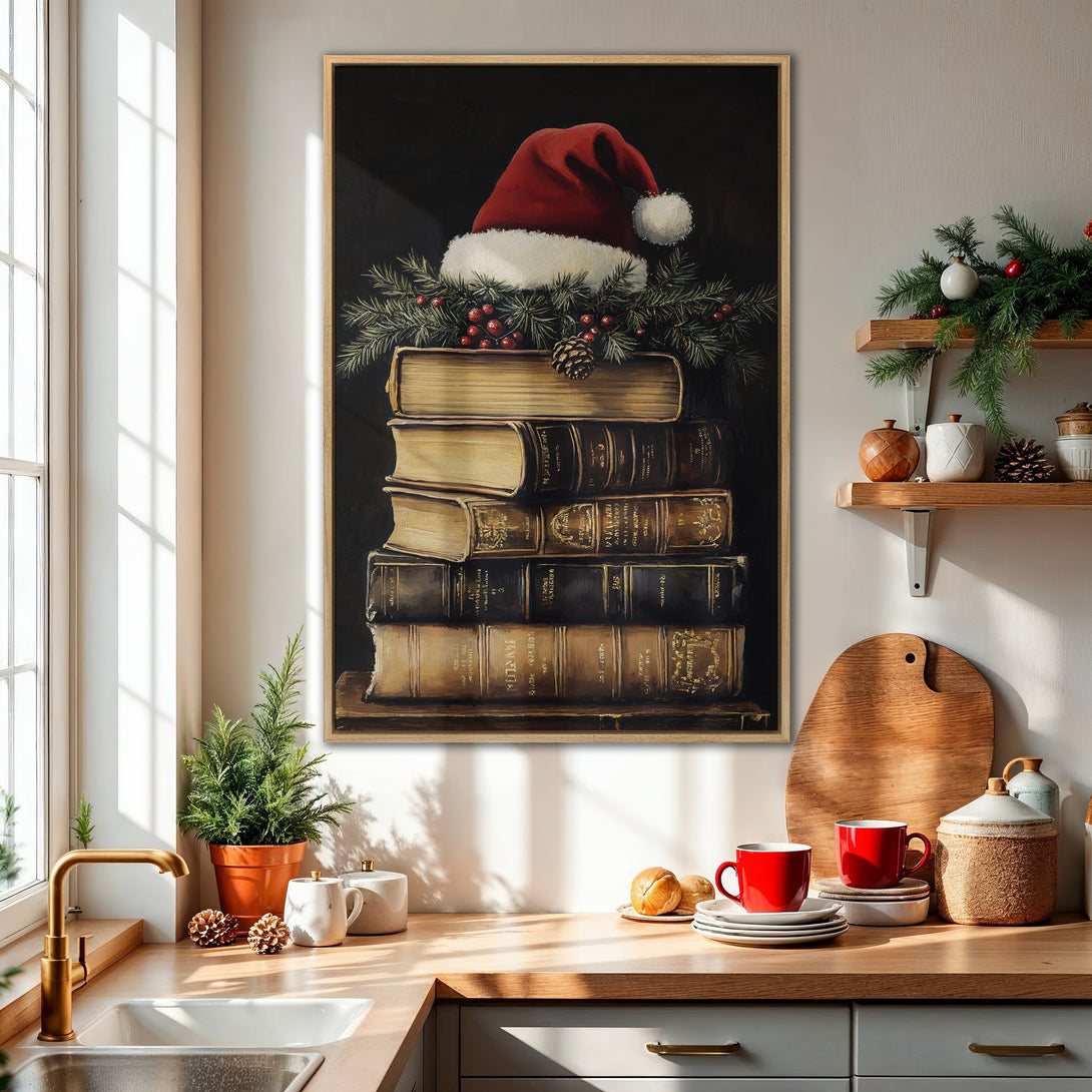 Framed Wall Art featuring a festive still life with a Santa hat on books, warm tones and a cozy Christmas aesthetic. Perfect for holiday decor!