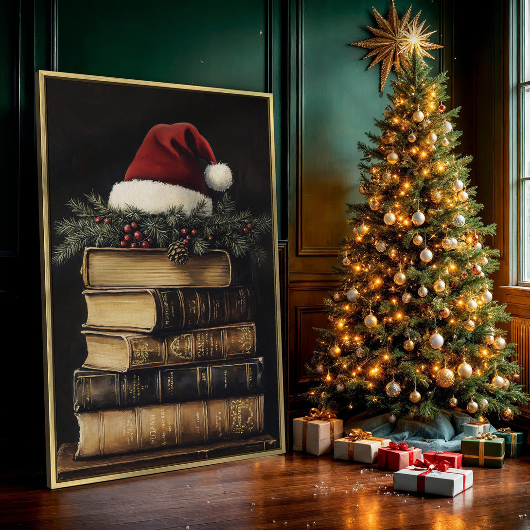 Canvas Print featuring a festive still life with a Santa hat, books, and greenery. Warm, vintage style with a rich, dark color palette.