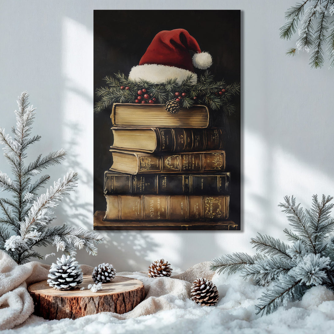 Framed Wall Art: Festive Christmas print with Santa hat on books, warm tones. Perfect holiday decor for cozy interiors.