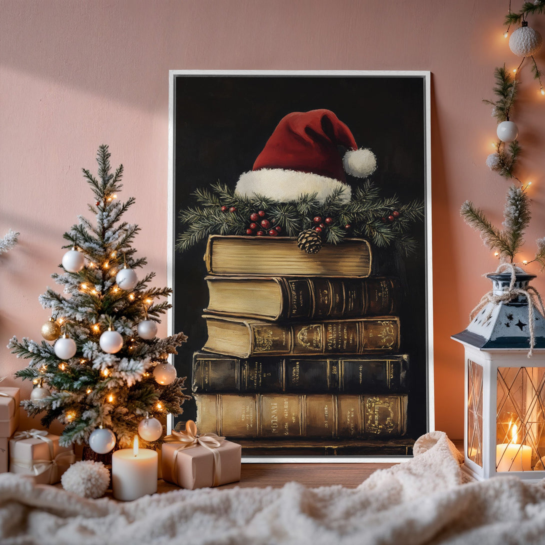 Framed Wall Art: Vintage Christmas scene with Santa hat on books, warm color palette. Perfect holiday decor for a cozy home.