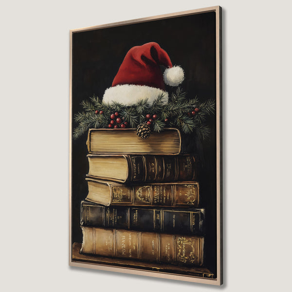 Framed Wall Art featuring a stack of vintage books topped with a Santa hat and festive greenery. Warm, rich color palette perfect for holiday decor.