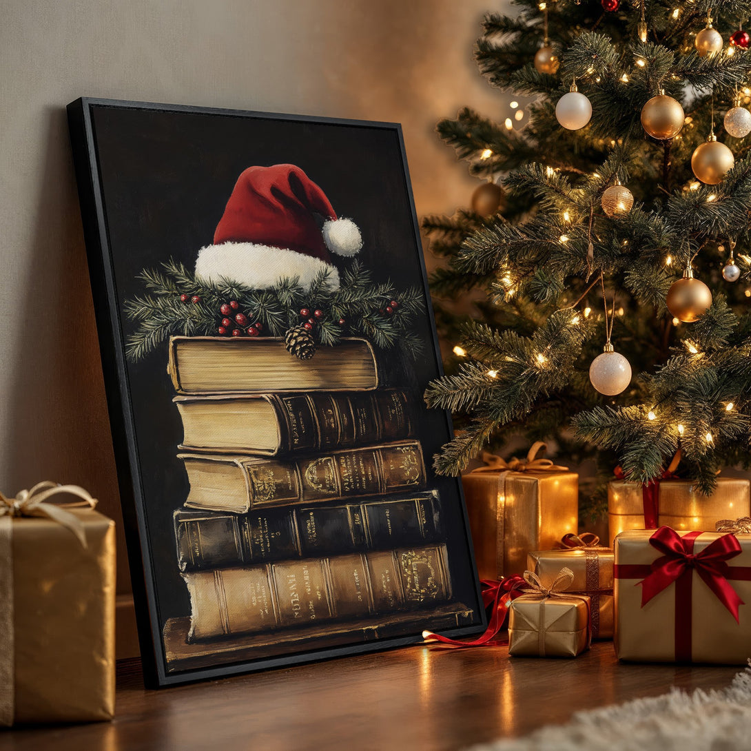 Framed Wall Art: Festive Christmas scene with Santa hat on books, warm gold and red tones. Perfect holiday decor for your home!