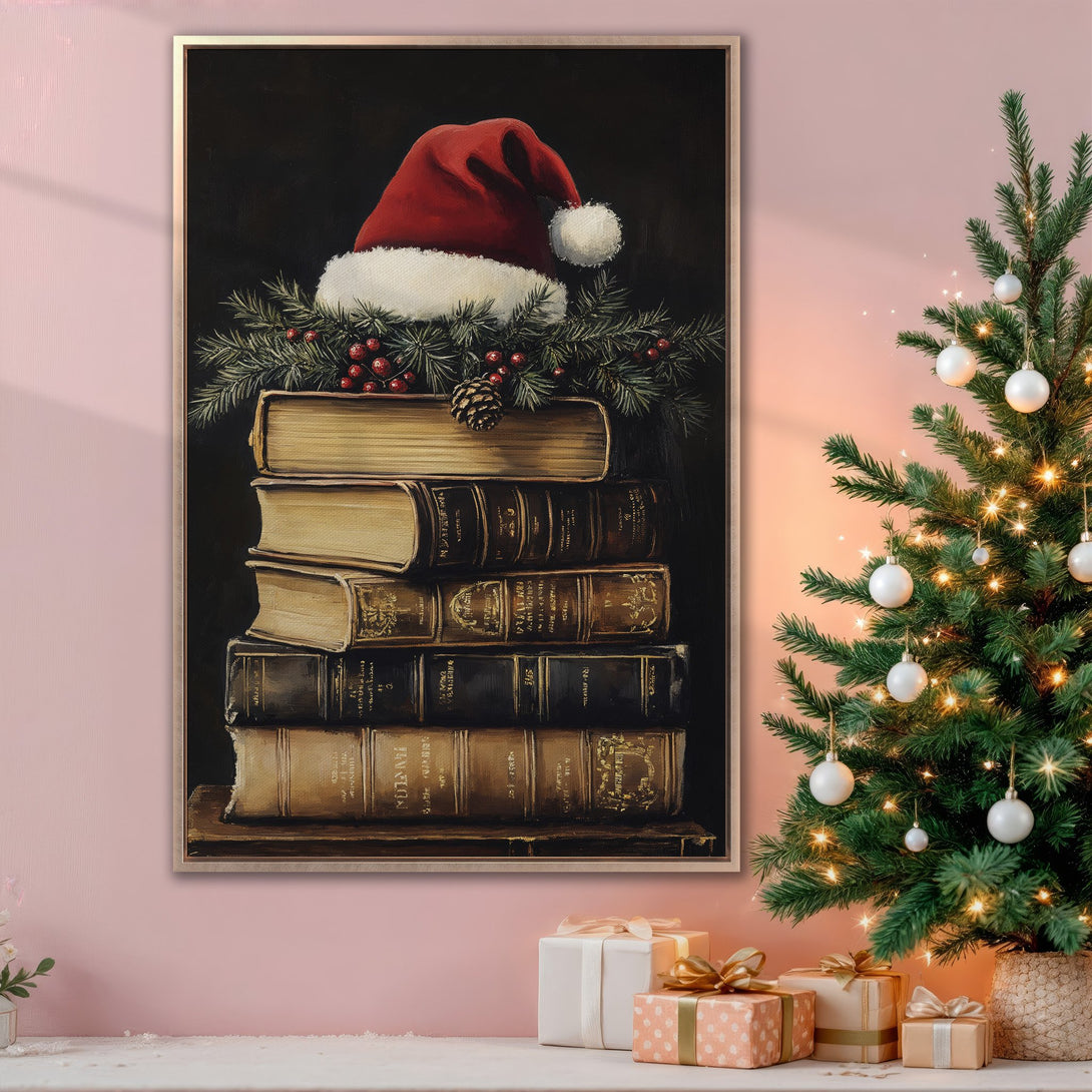 Framed Wall Art: Festive Christmas painting featuring books, Santa hat, and greenery. Warm, inviting color palette with reds, greens, and golds. Perfect holiday decor!