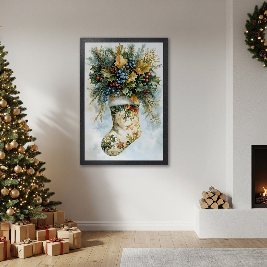 Framed Poster featuring a watercolor Christmas stocking design with a warm, festive color palette. Perfect holiday decor!