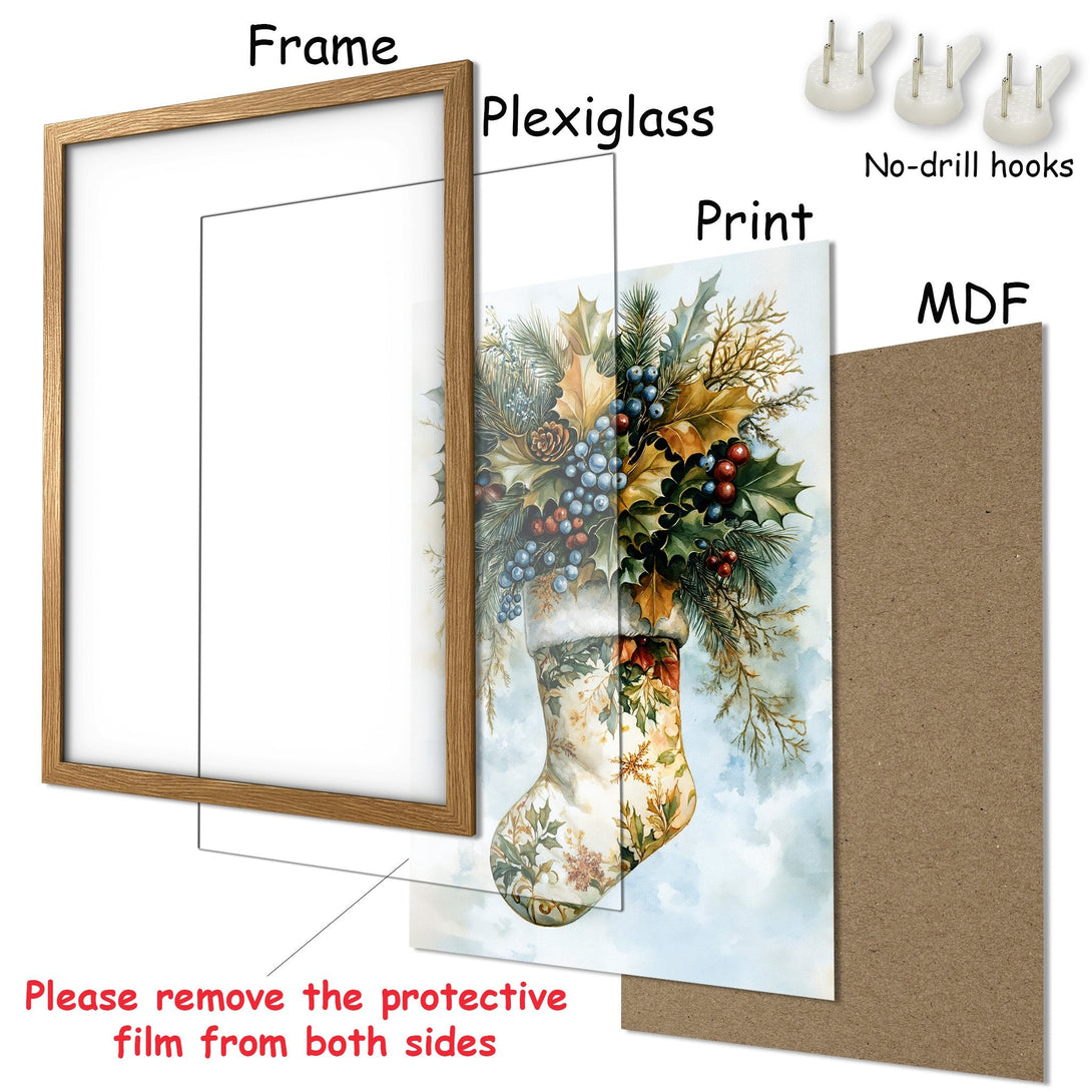 Framed Poster featuring a watercolor Christmas stocking with botanical elements, warm tones, and a light blue background.
