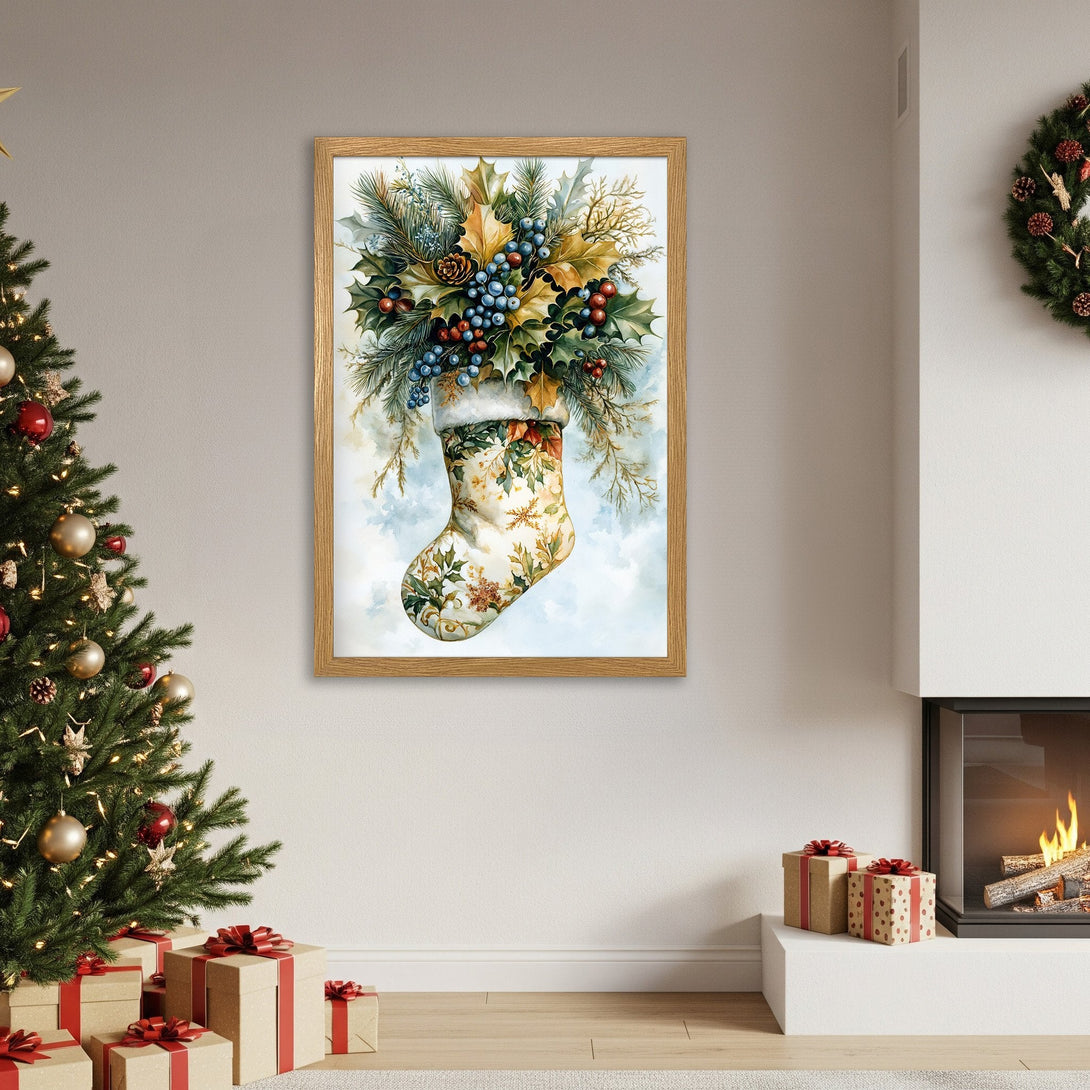 Framed Poster of Christmas stocking with watercolor style, featuring green, gold, and blue hues, perfect for holiday decor.