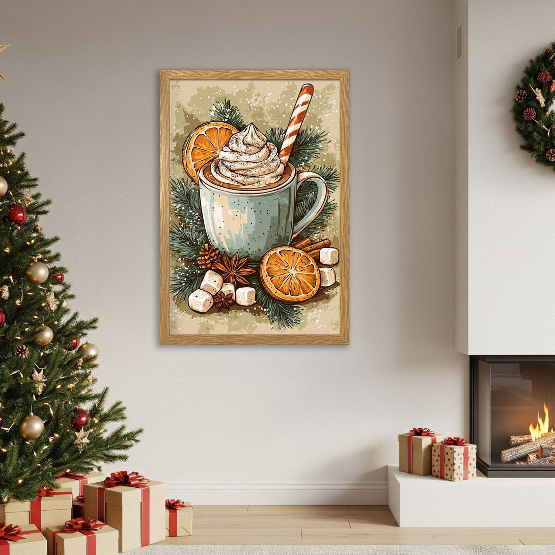 Framed Poster featuring a cozy winter drink illustration. Warm, inviting color palette. Perfect holiday home decor!