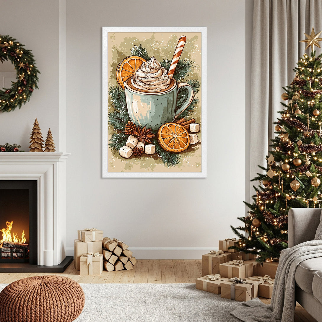 Framed Poster of a cozy winter drink illustration. Warm color palette, festive style, perfect for holiday decor. Shop now!