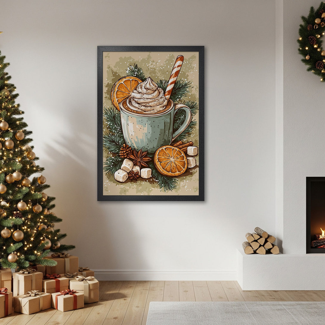 Framed Poster featuring a cozy winter scene with a hot chocolate illustration, warm color palette, perfect for holiday decor.