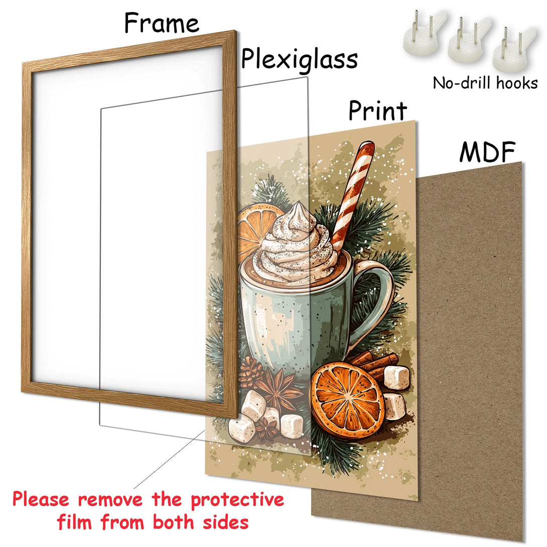 Framed Poster featuring a cozy winter scene with a warm drink, in a warm, inviting color palette. Perfect wall art!