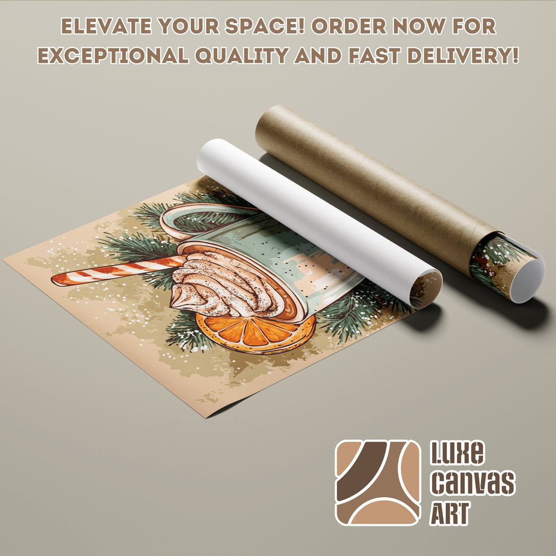 Poster Roll featuring a festive hot chocolate illustration in warm tones. Elevate your space with Luxe Canvas Art!