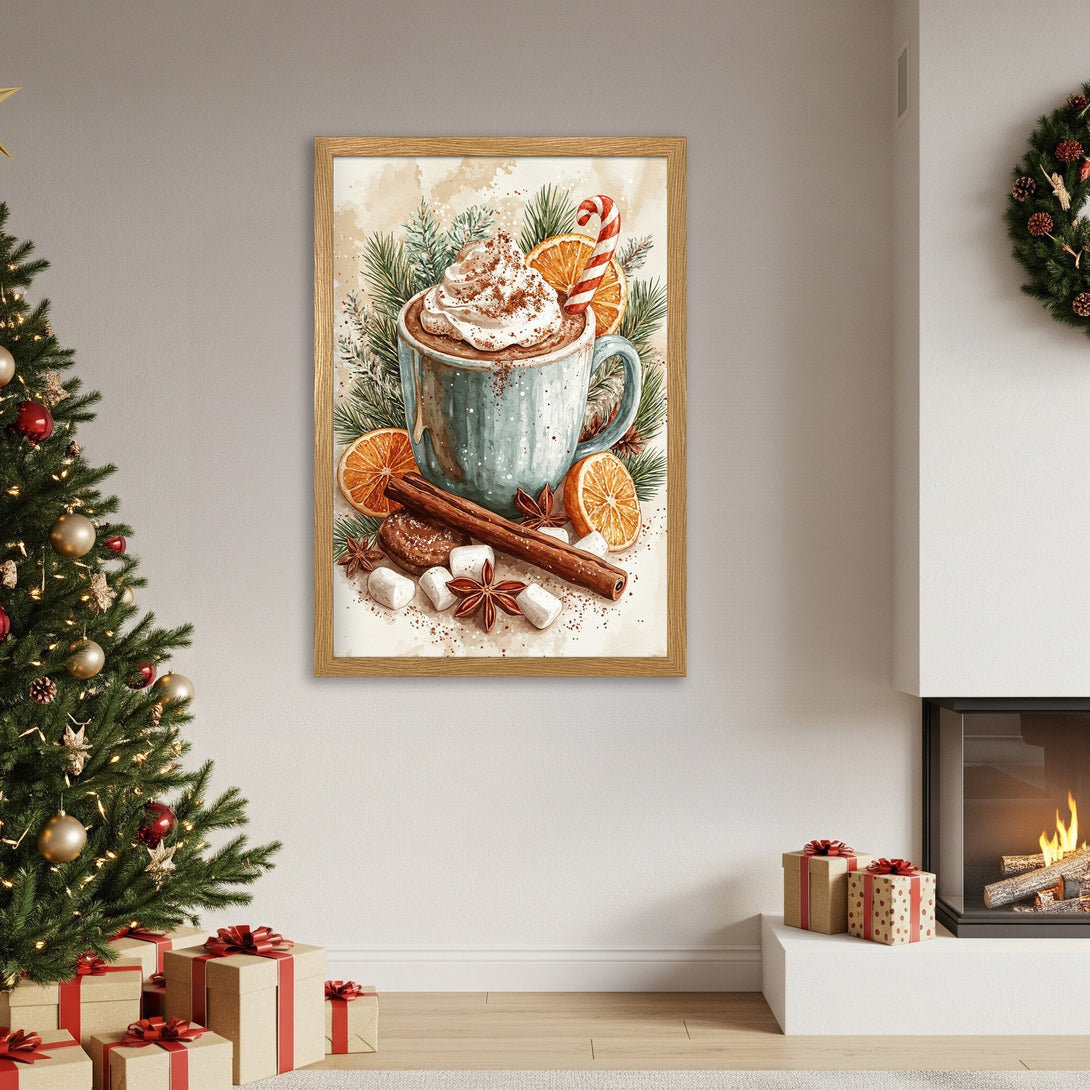 Framed Poster of cozy winter scene with hot cocoa, warm colors. Perfect holiday decor!