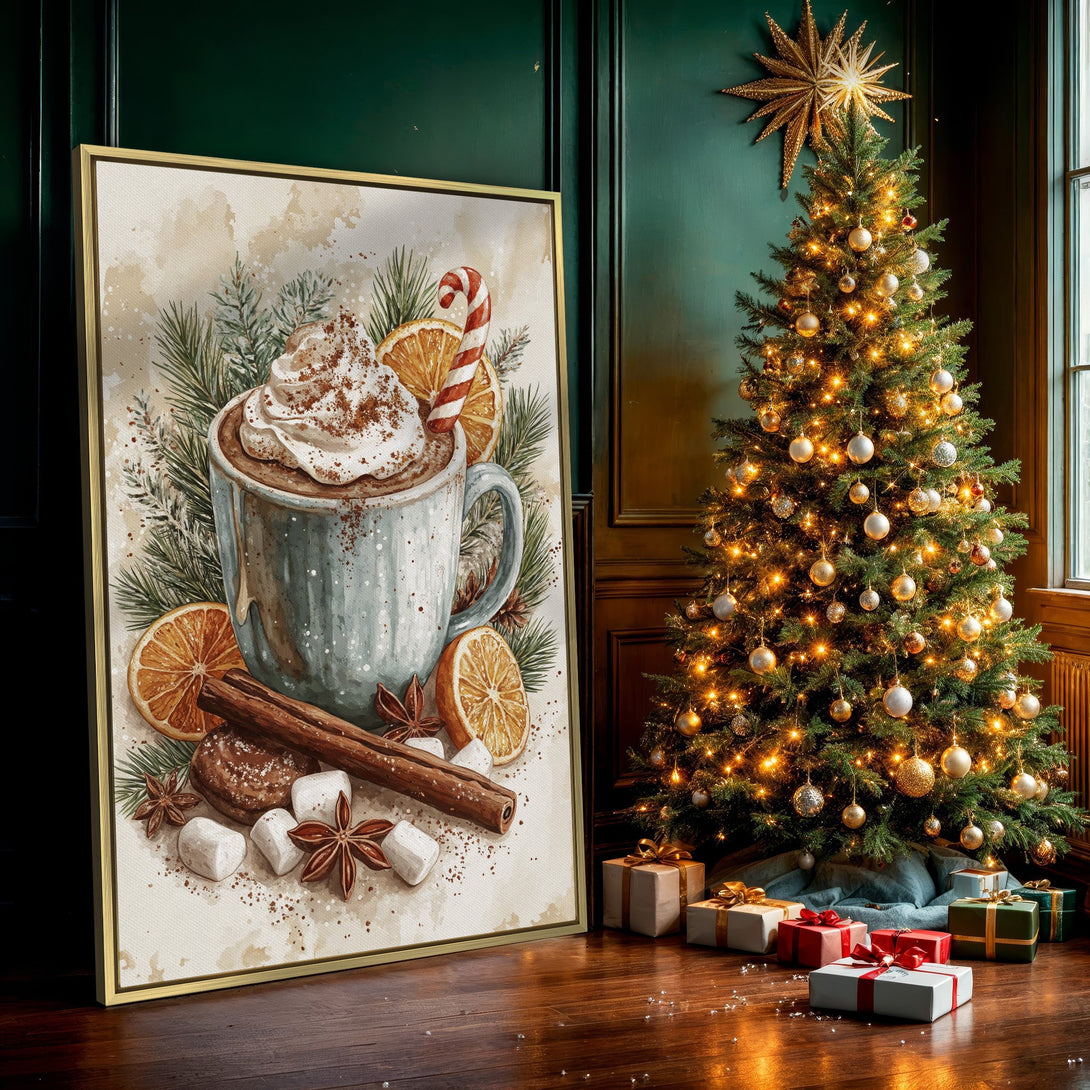 Canvas Print of a cozy winter scene with a hot chocolate illustration. Warm beige, brown, and green tones create a festive and inviting feel.