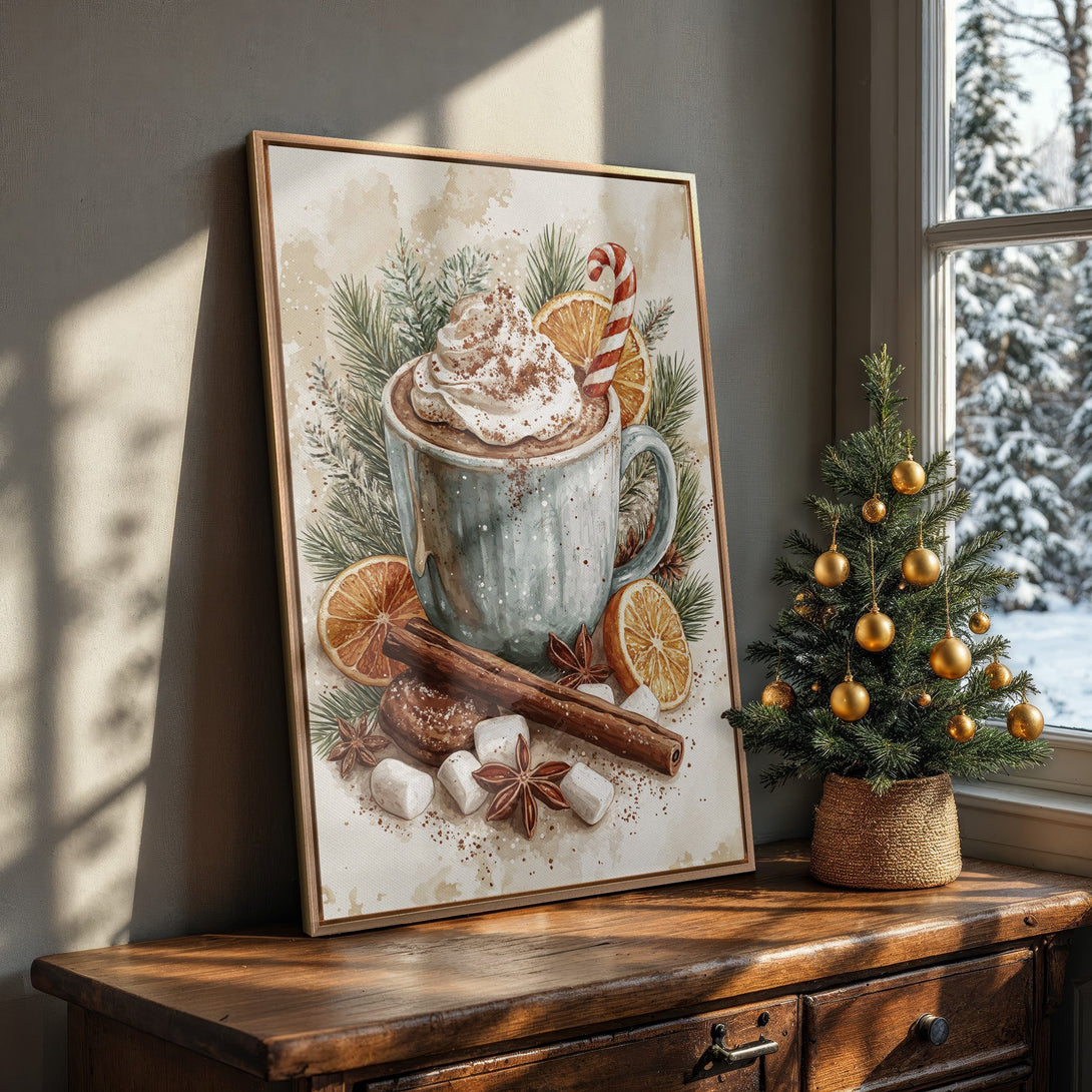 Framed Wall Art: Cozy watercolor of hot chocolate with festive spices. Warm, inviting color palette perfect for seasonal decor. Bring the holidays home!