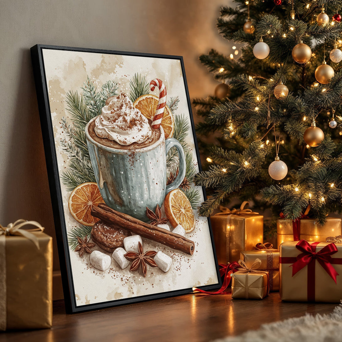 Framed Wall Art: Cozy watercolor of hot chocolate with festive spices, warm neutral tones. Perfect holiday decor!
