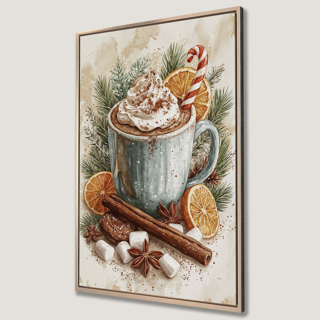 Framed Wall Art of a cozy watercolor hot chocolate scene. Warm, inviting colors and a festive style perfect for holiday decor.