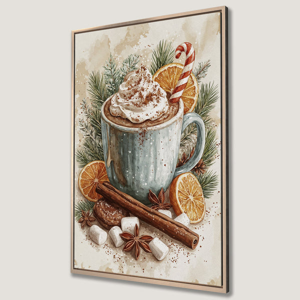 Framed Wall Art of a cozy watercolor hot chocolate scene. Warm, inviting colors and a festive style perfect for holiday decor.