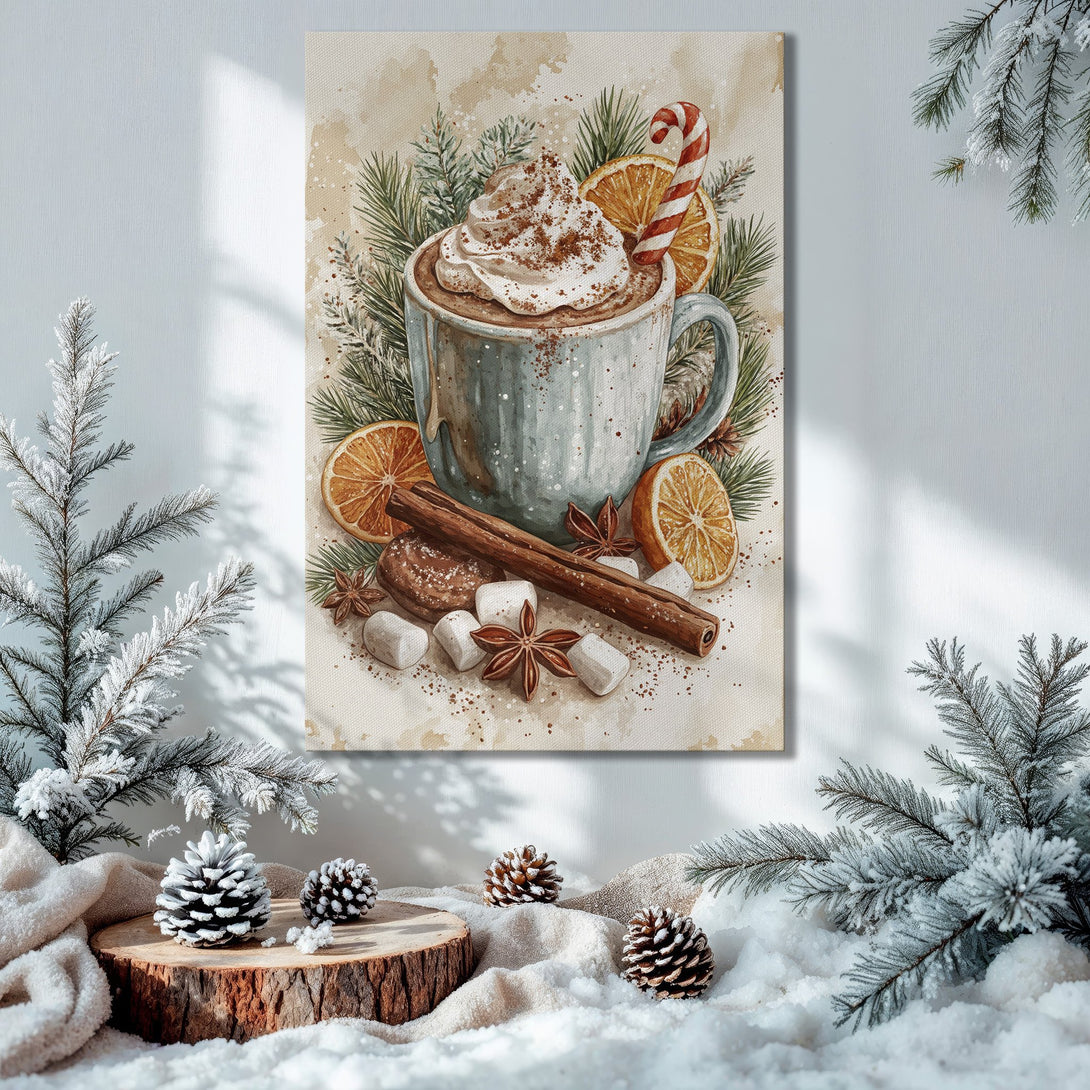Framed Wall Art: Watercolor hot chocolate print in a cozy Christmas interior with a warm color palette. Perfect holiday decor.