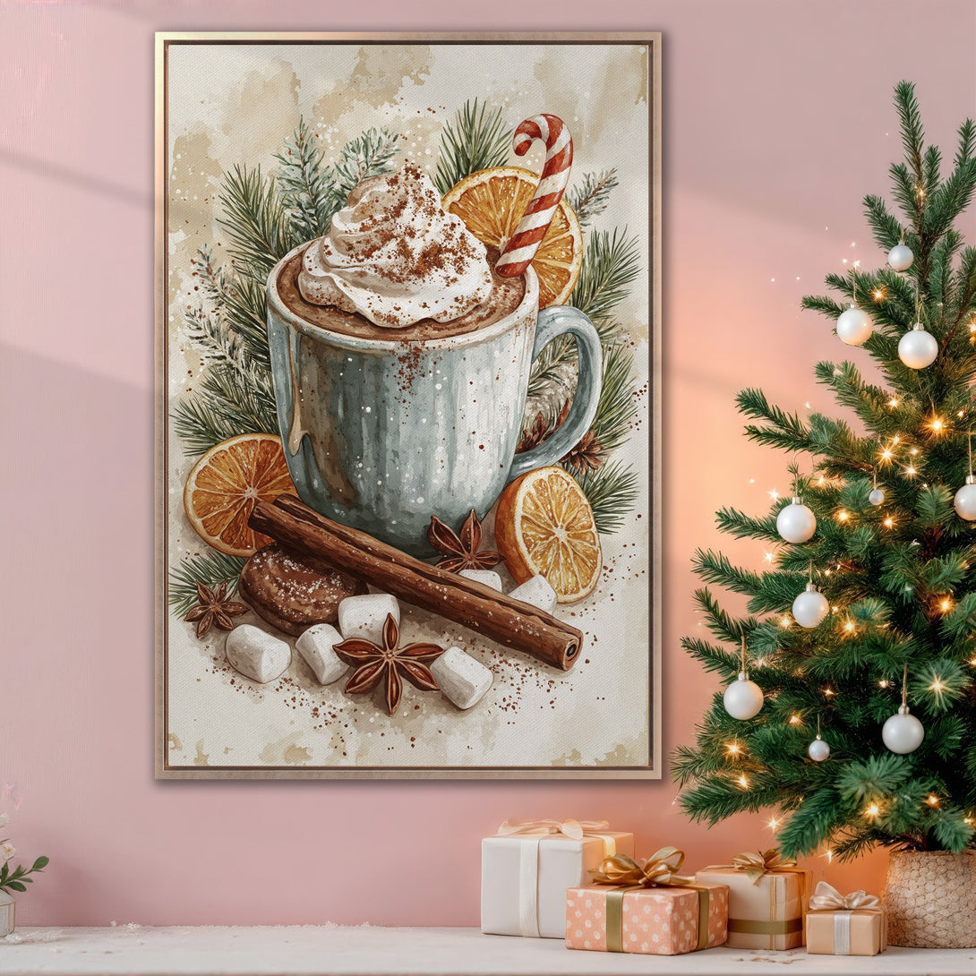 Framed Wall Art: Cozy watercolor art of hot chocolate with holiday spices. Warm, inviting colors perfect for Christmas decor. Bring the holiday cheer home!