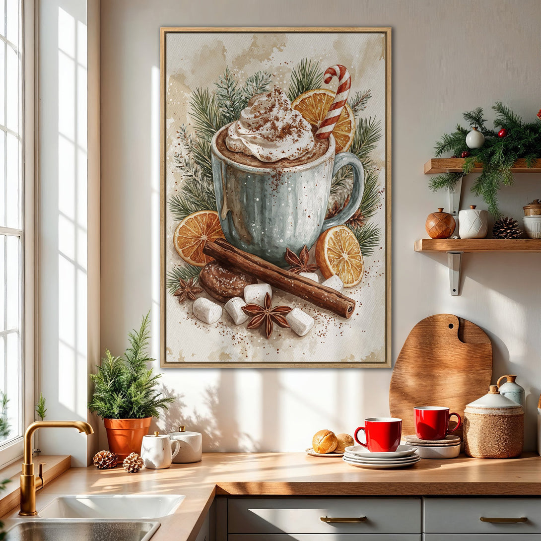 Framed Wall Art: Watercolor illustration of a cozy hot chocolate with cinnamon, oranges, and candy cane. Warm, neutral color palette perfect for kitchen decor.