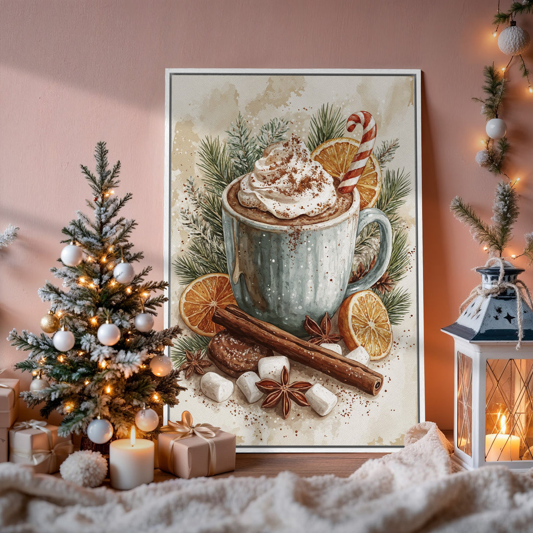 Framed Wall Art: Watercolor Christmas scene with warm tones. Featuring a cozy hot chocolate, cinnamon, and oranges. Perfect holiday decor.