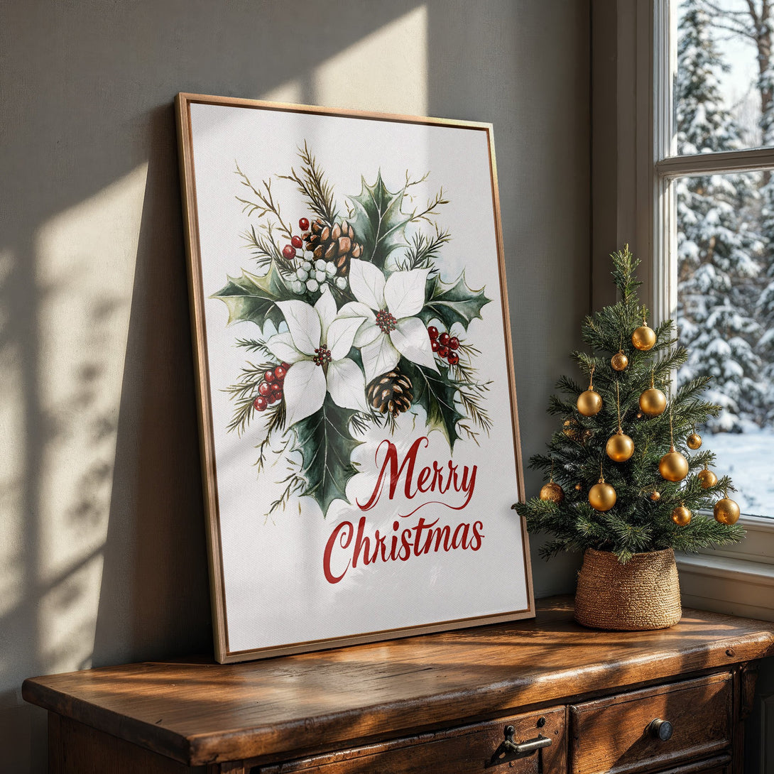 Framed Wall Art: Watercolor Christmas floral print with white poinsettias, red berries, and green foliage. Rustic style, warm color palette. Perfect holiday decor!