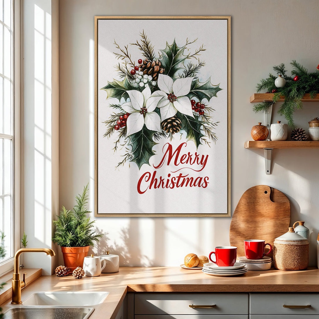 Framed Wall Art: "Merry Christmas" watercolor floral print in a kitchen. Features white poinsettias, red berries, & green foliage. Festive holiday decor.