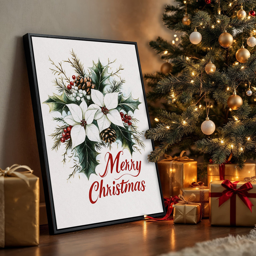 Framed Wall Art: "Merry Christmas" floral print in watercolor style, featuring white poinsettias, red berries, and green foliage. Warm, festive color palette.