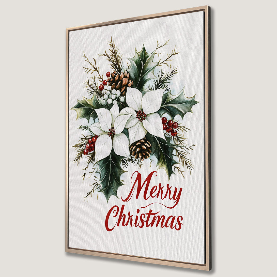 Framed Wall Art: Watercolor Christmas floral print with poinsettias, holly, and berries. Festive holiday decor in green, red, and white.