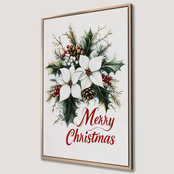 Framed Wall Art: Watercolor Christmas floral print with poinsettias, holly, and berries. Festive holiday decor in green, red, and white.