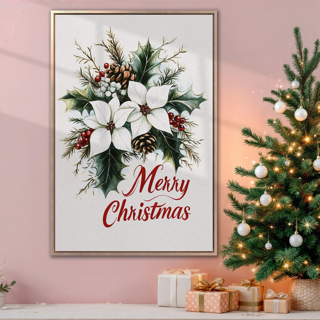 Framed Wall Art featuring a watercolor Christmas floral design with white poinsettias, green leaves, and red berries. Festive holiday decor in a warm color palette.