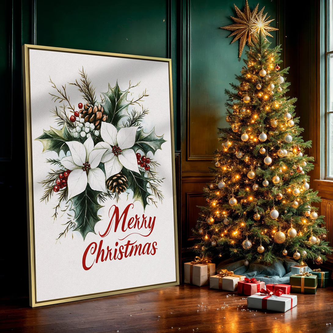 Canvas Print: Watercolor Christmas art with poinsettias, holly, and "Merry Christmas" in red. Perfect holiday decor in a neutral palette.