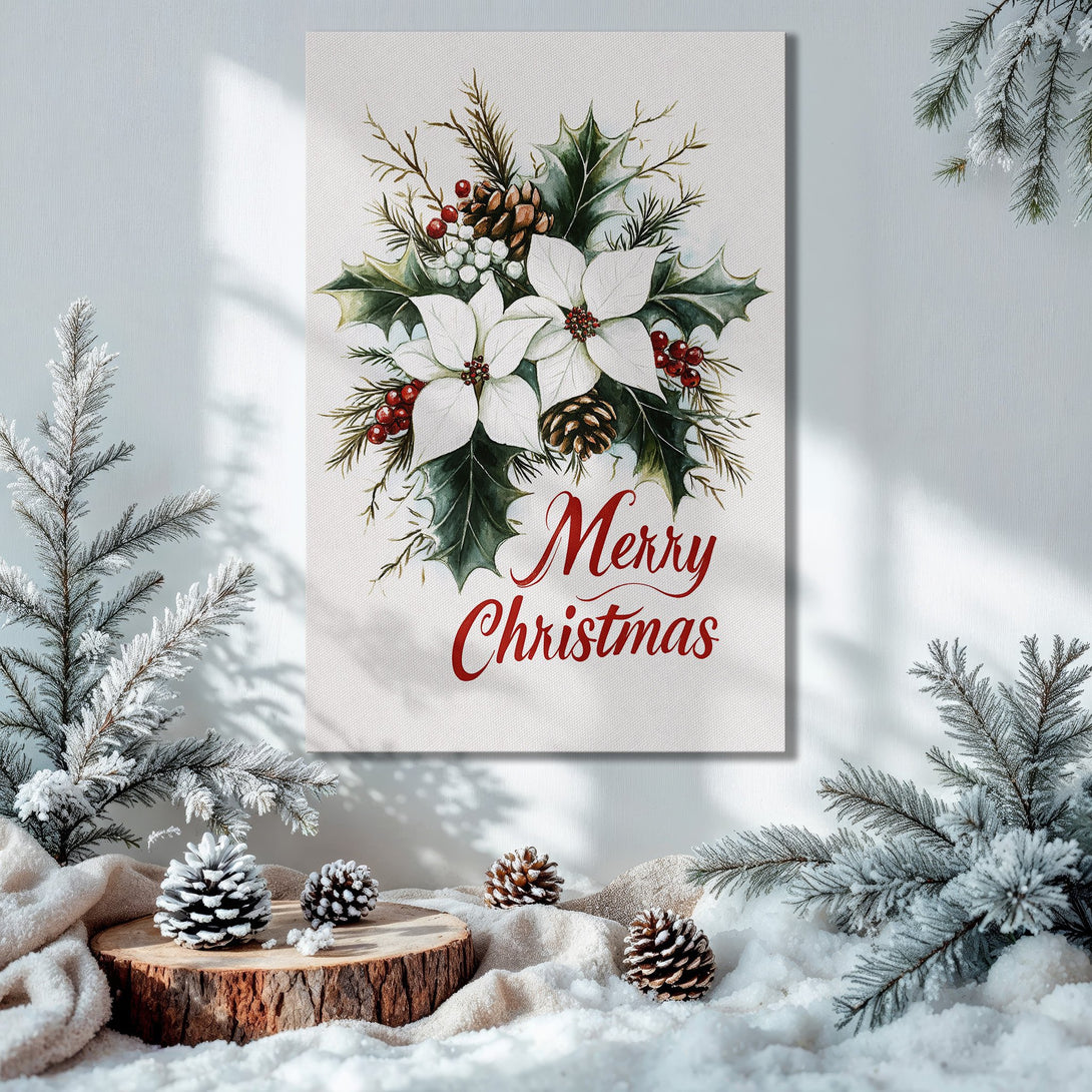 Framed Wall Art: Watercolor Christmas floral design in red, green, and white. Festive holiday decor for your home.