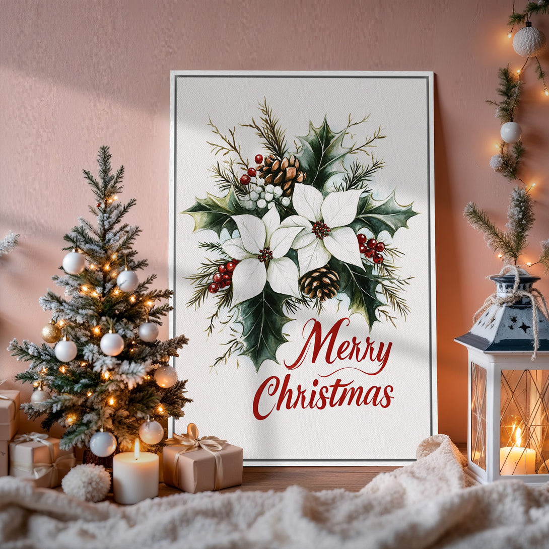 Framed Wall Art: Watercolor Christmas floral print in white, green, and red. Festive holiday decor, perfect for adding warmth and cheer to your home.