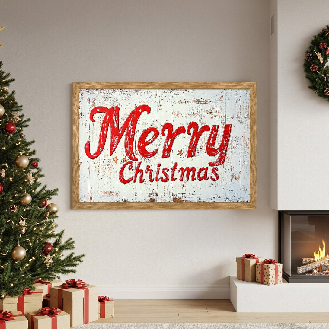 Framed Poster featuring "Merry Christmas" in red on a distressed white background, perfect holiday decor. Rustic style, warm color palette.