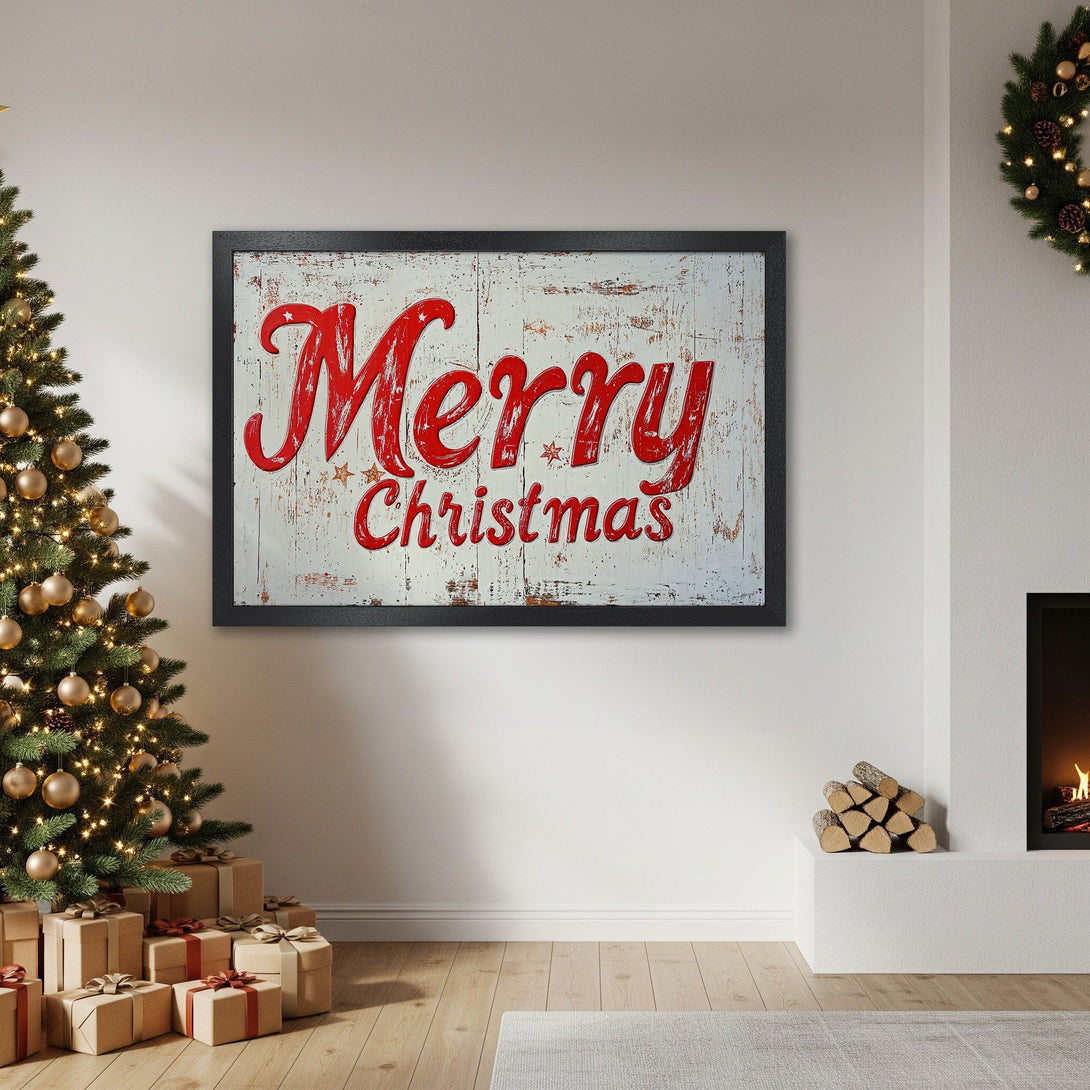 Framed Poster featuring "Merry Christmas" in rustic red on a white background. Perfect holiday decor!
