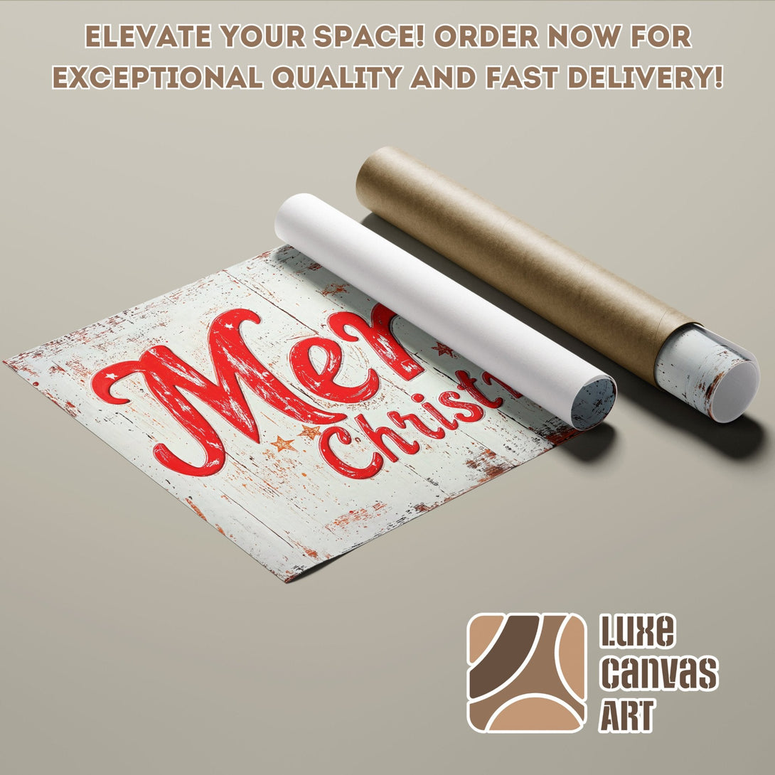 Merry Christmas Poster Roll, rustic style with red and white color palette, perfect for holiday decor.