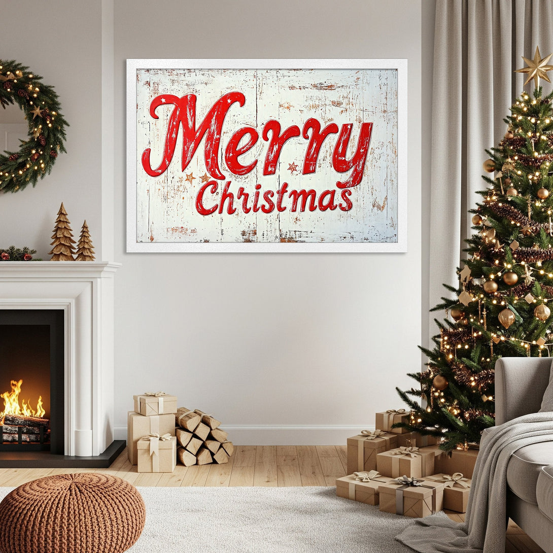 Framed Poster featuring "Merry Christmas" in a rustic style with red text on a white and distressed background. Festive holiday decor.