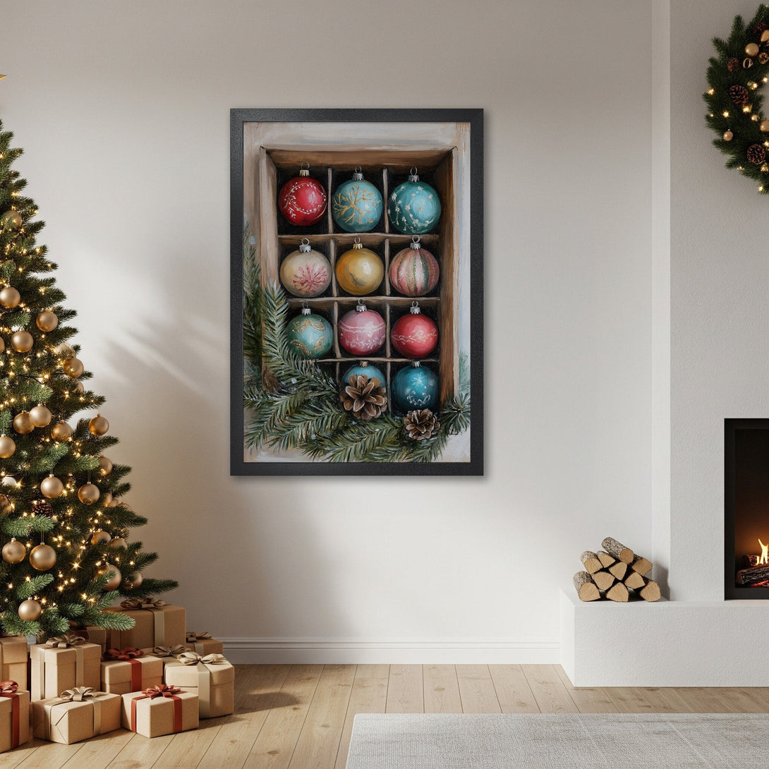 Framed Poster featuring a festive Christmas ornament painting, warm color palette, perfect holiday decor.