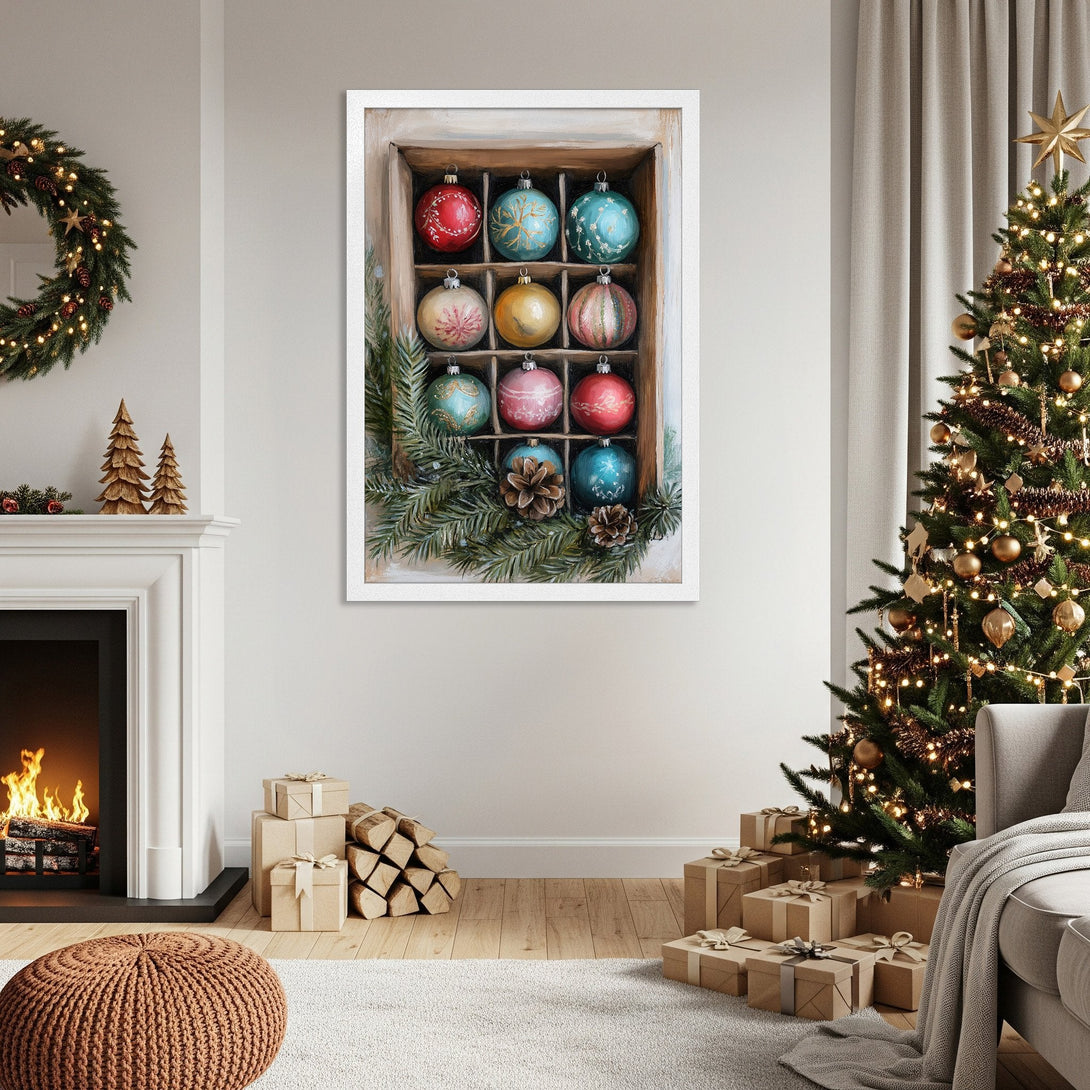 Framed Poster featuring Christmas ornaments in a rustic style with a warm, inviting color palette. Perfect holiday decor!