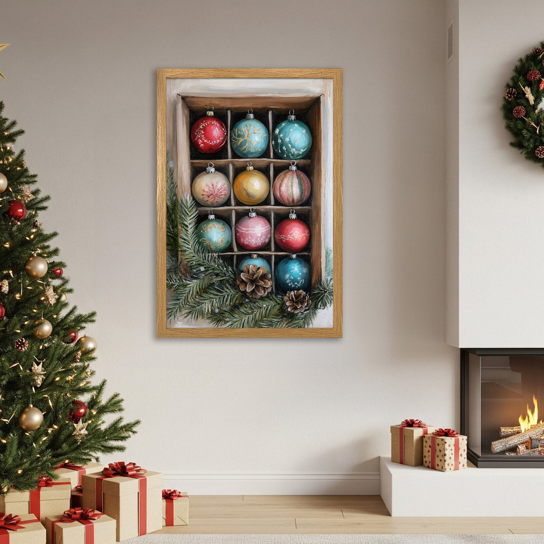 Framed Poster featuring a vintage Christmas ornament illustration in a warm, inviting color palette. Perfect holiday decor!