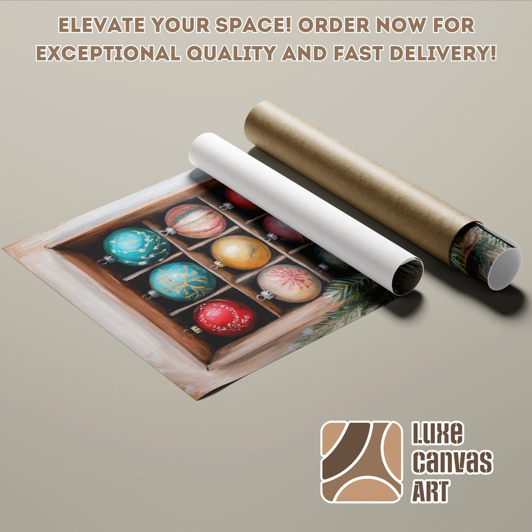 Poster Roll featuring colorful Christmas ornaments, warm tones, and artistic style. Elevate your space!