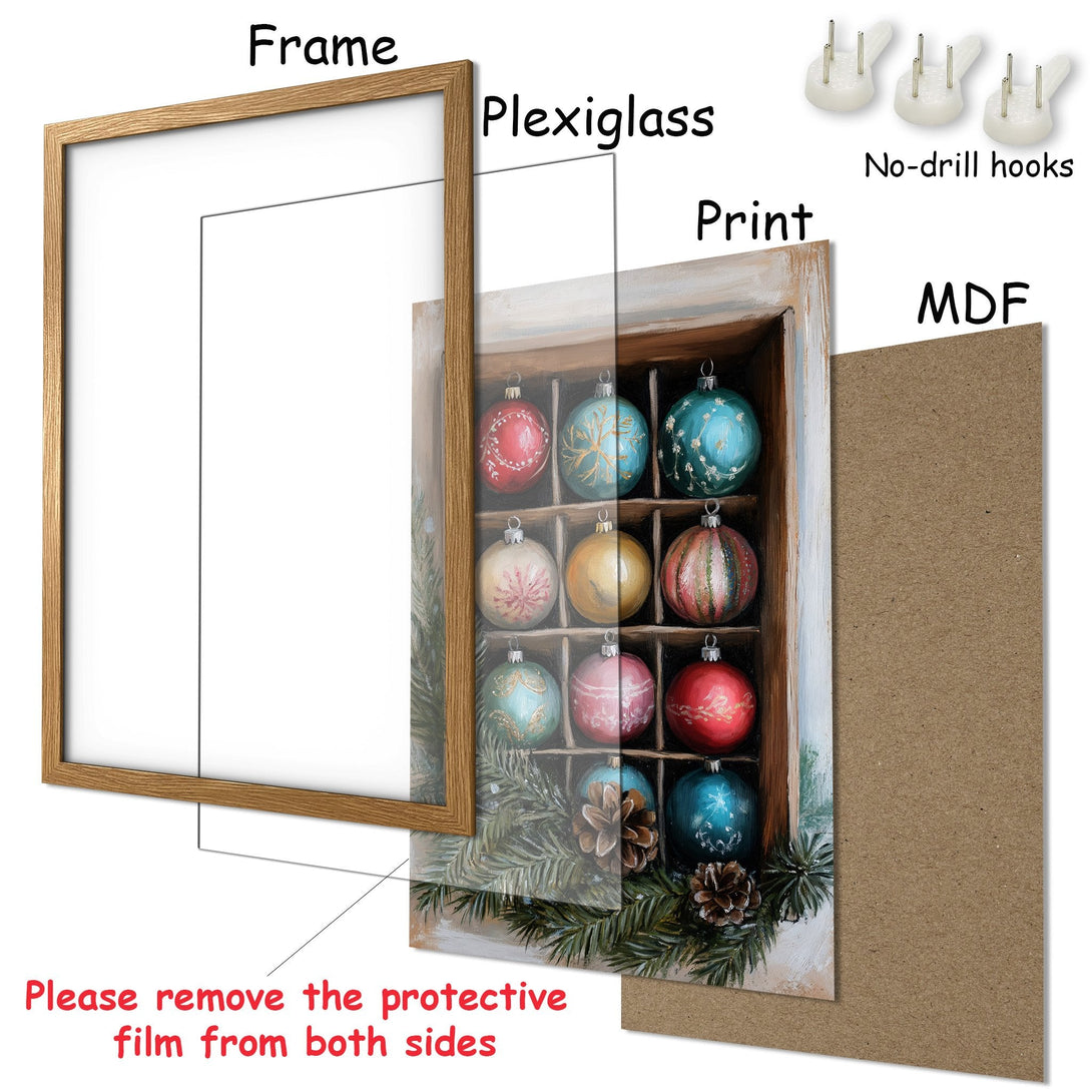 Framed Poster featuring Christmas ornaments in a rustic style with a warm color palette. Ready to hang!