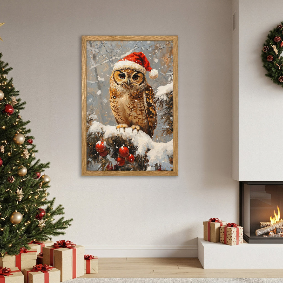 Framed Poster of a festive owl in a Santa hat, winter scene. Warm color palette, perfect Christmas decor.