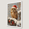 Festive Owl in Santa Hat Art Poster for Holiday Cheer