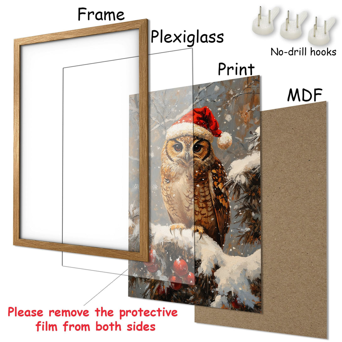 Framed Poster featuring a festive owl in a winter scene. Artistic style with a warm, neutral color palette. Ready to hang!