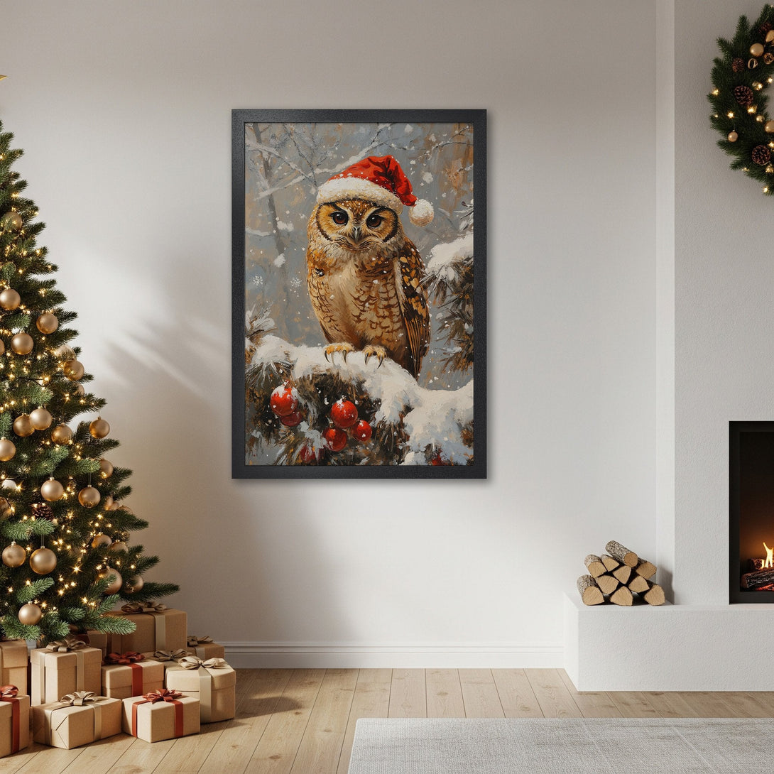 Framed Poster featuring a festive owl in a Santa hat, painted in a whimsical style with a wintery, neutral color palette. Perfect holiday decor!