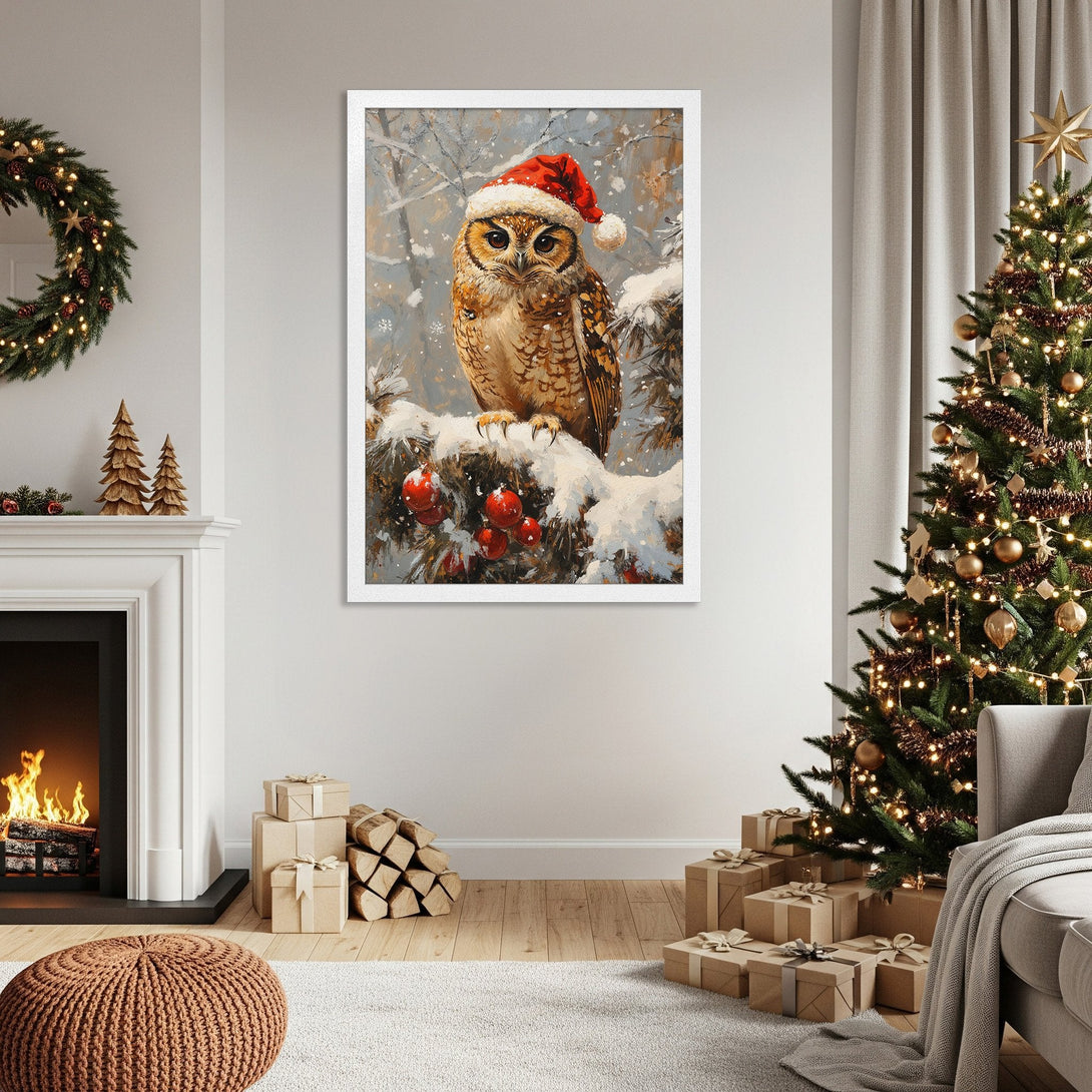 Framed Poster featuring a festive owl in a Santa hat. Watercolor style, wintery scene with a neutral color palette. Perfect holiday decor!