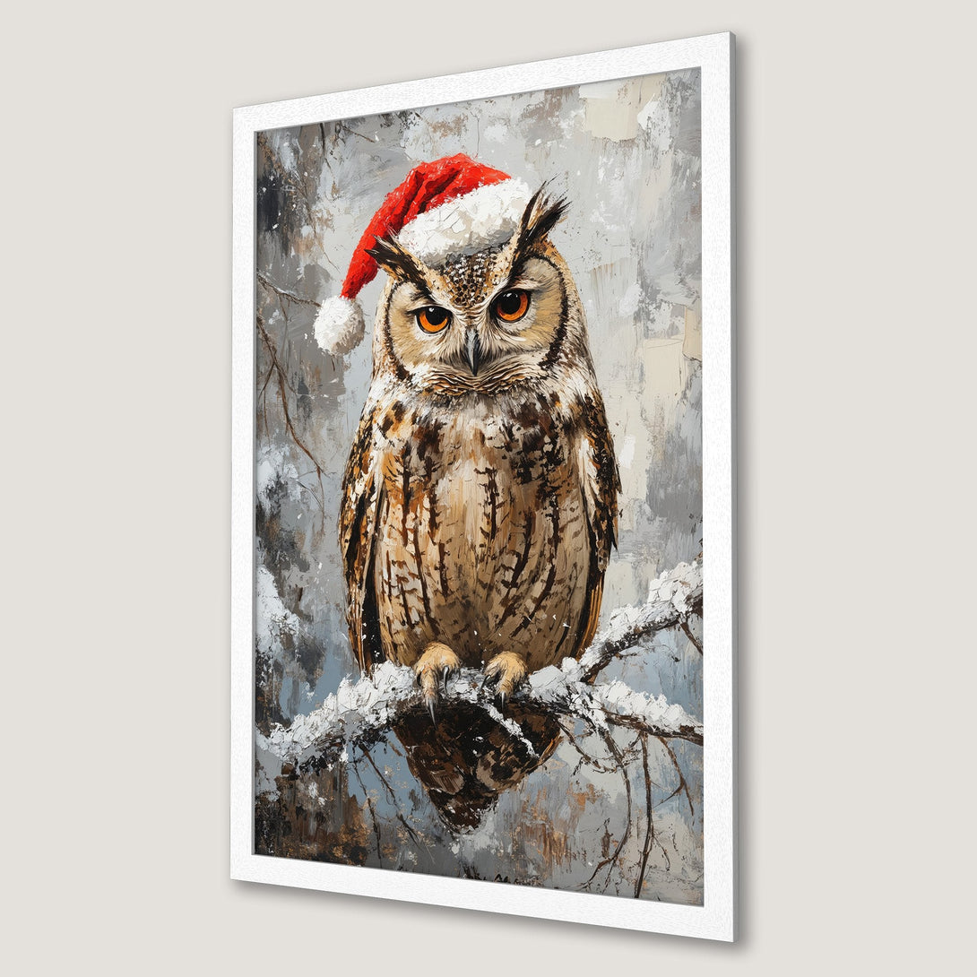 Framed Poster of a festive owl in a Santa hat. Oil painting style with a neutral, wintery color palette. Perfect holiday decor.