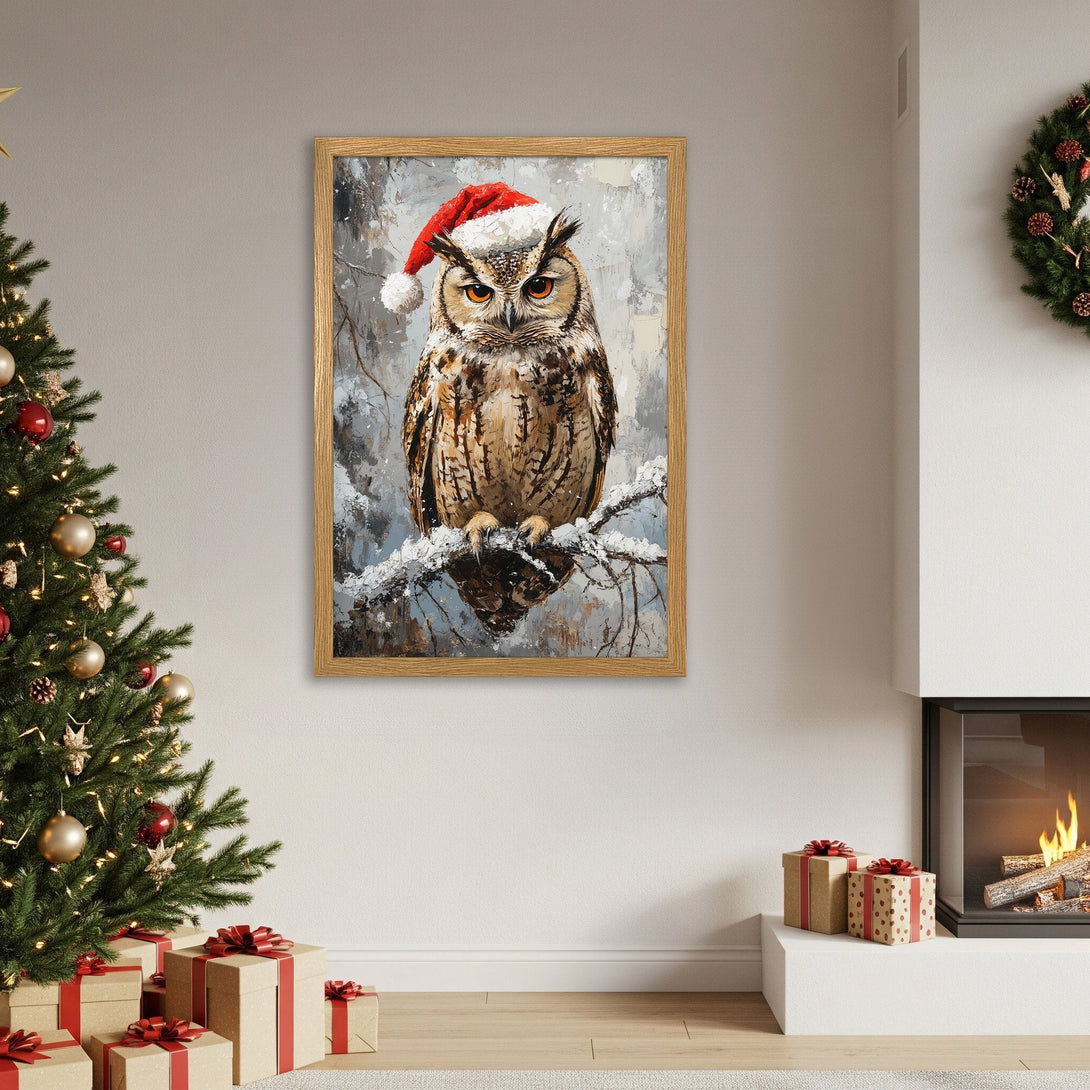 Framed Poster featuring a festive owl in a Santa hat. Oil painting style with a neutral and warm color palette, perfect for Christmas decor.